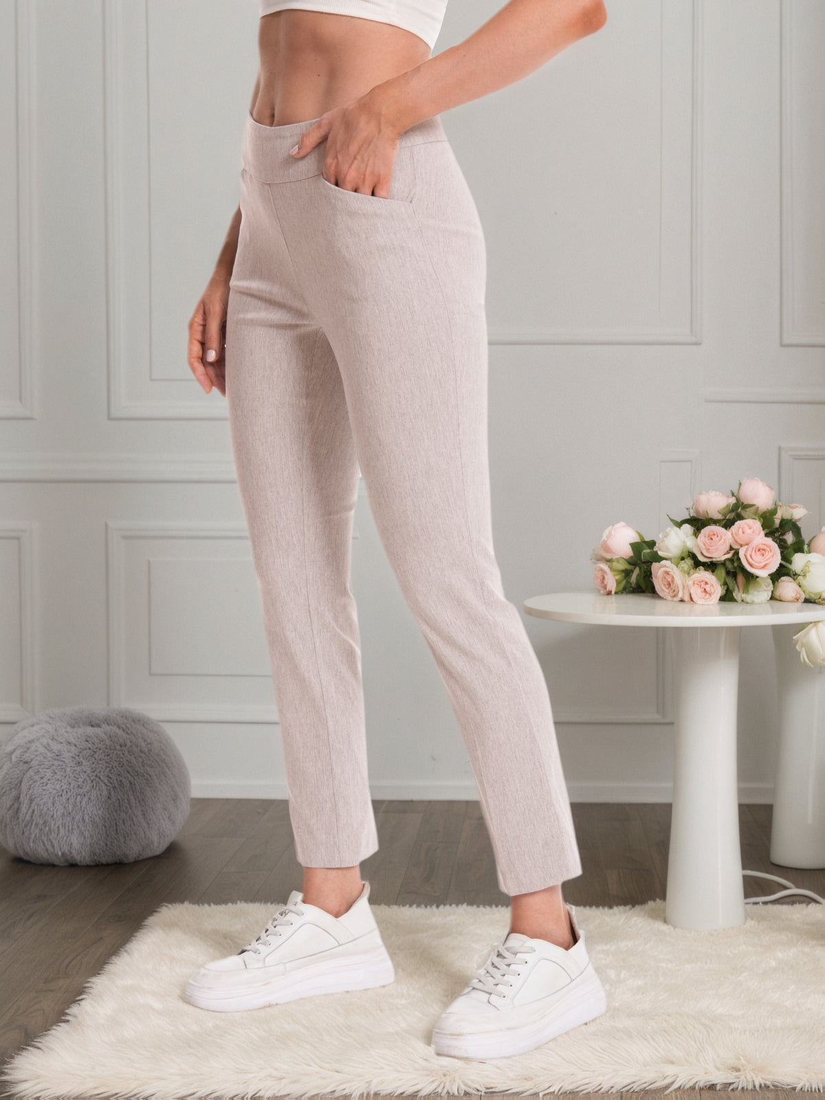 Stretch Ankle Pants Women High Rise Pull-On Straight Leg Slim Fit Work Office Travel Blush Pink Surf Black