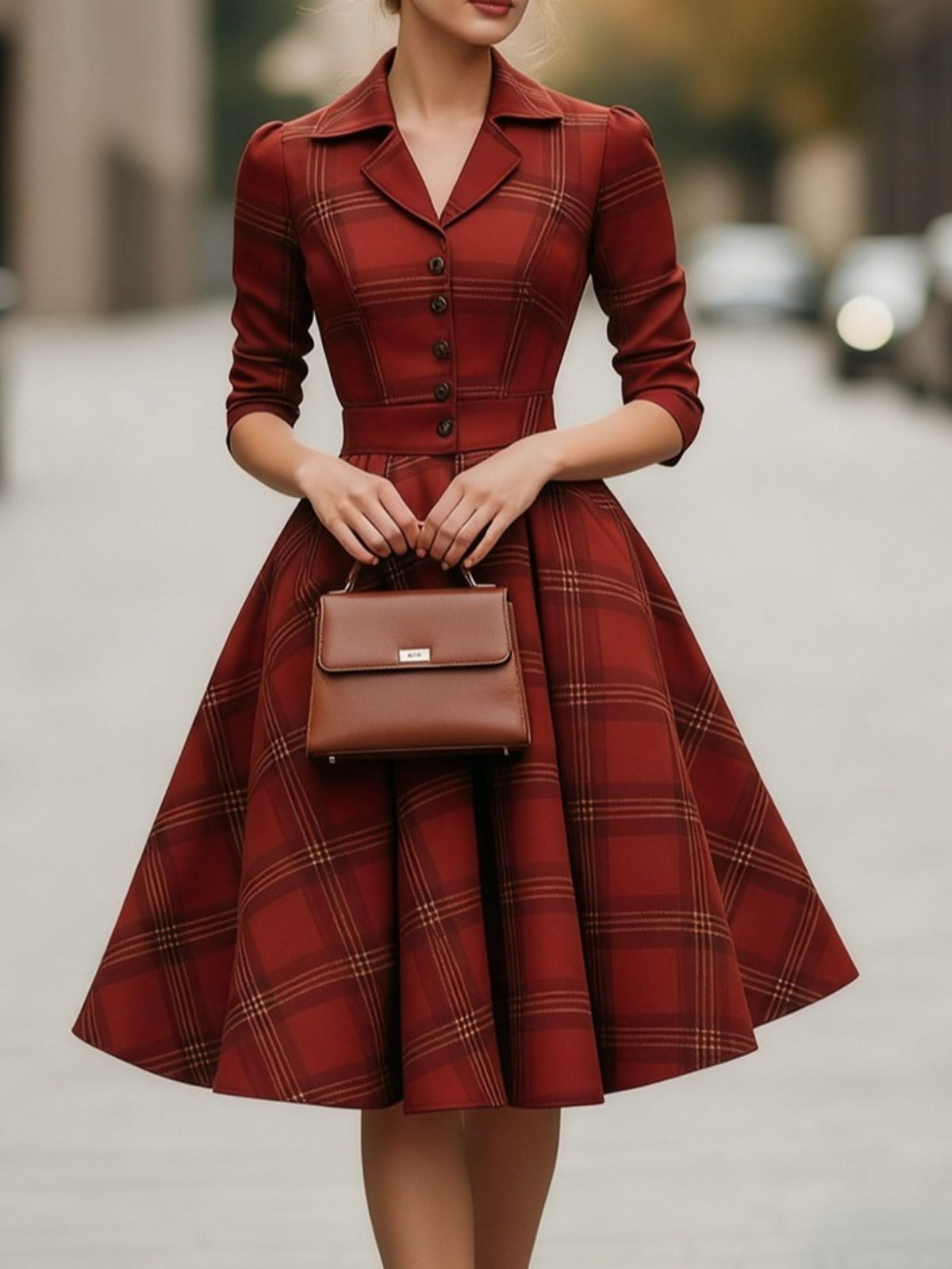 Burgundy Plaid Blazer-Style Midi Dress Women Waist-Defining A-Line Vintage Elegant Workwear Office Banquet Holiday Dress S-XXL