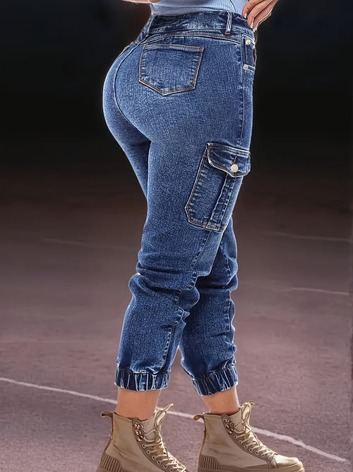 Cropped Denim Jeans for Women Distressed Stretch Elastic Cuff Multi-Pocket Cargo Style Washed Dark Blue with Golden Accents Casual Jean Pants S-XXL