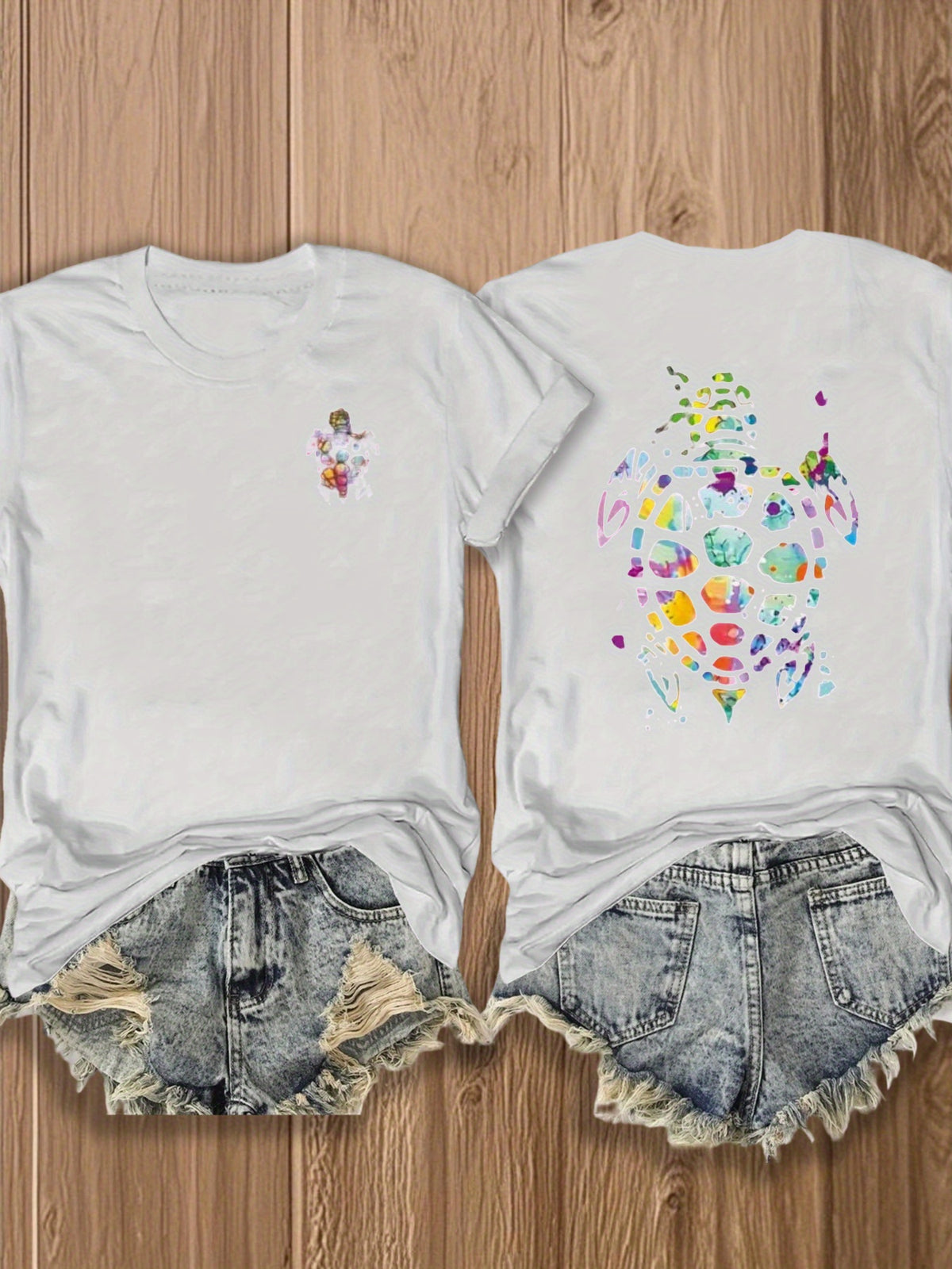 Colorful Sea Turtle Graphic T-Shirt Women Double Sided Print Casual Summer Tee Beach Nature Lover Top