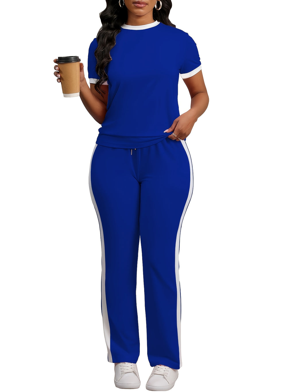 Women Colorblock 2 Piece Tracksuit Set Short Sleeve Crew Neck Top Striped Sweatpants Casual Lounge Jogger Matching Outfit for Workout Everyday Wear