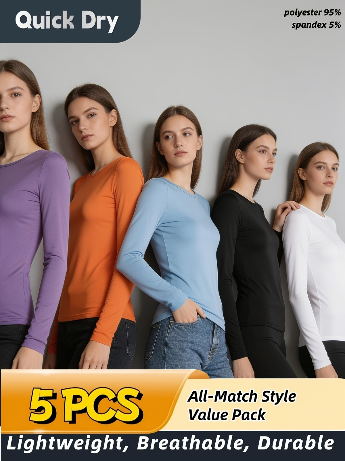 5-Pack Long Sleeve Women T-Shirts V-Neck Moisture-Wicking Breathable High Stretch Outdoor Solid Color Top Four Seasons Assorted Colors