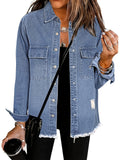 Boyfriend Style Washed Out Denim Jacket Women Distressed Look Pockets Relaxed Fit Casual Outerwear Sky Blue Sea Blue Medium Blue