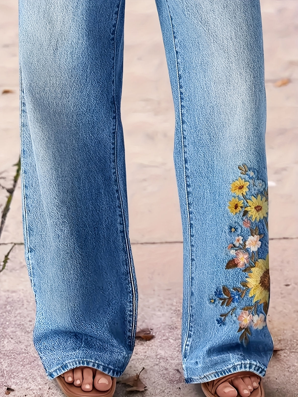 Women's High-Waisted Washed Embroidered Straight Leg Jeans Stretch Beltless Light Blue Purple All Season