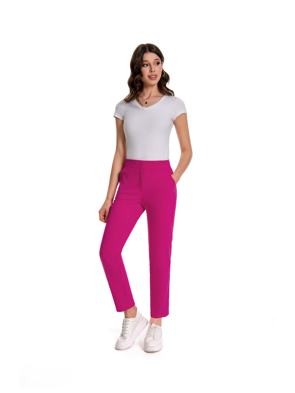 Red Slim Fit Stretch Trousers for Women – Vibrant Mid Waist Ankle Length Pants with Pockets, Elegant Office Workwear Evening Out Formal Bottoms, Machine Washable All-Season Versatile S-XXL