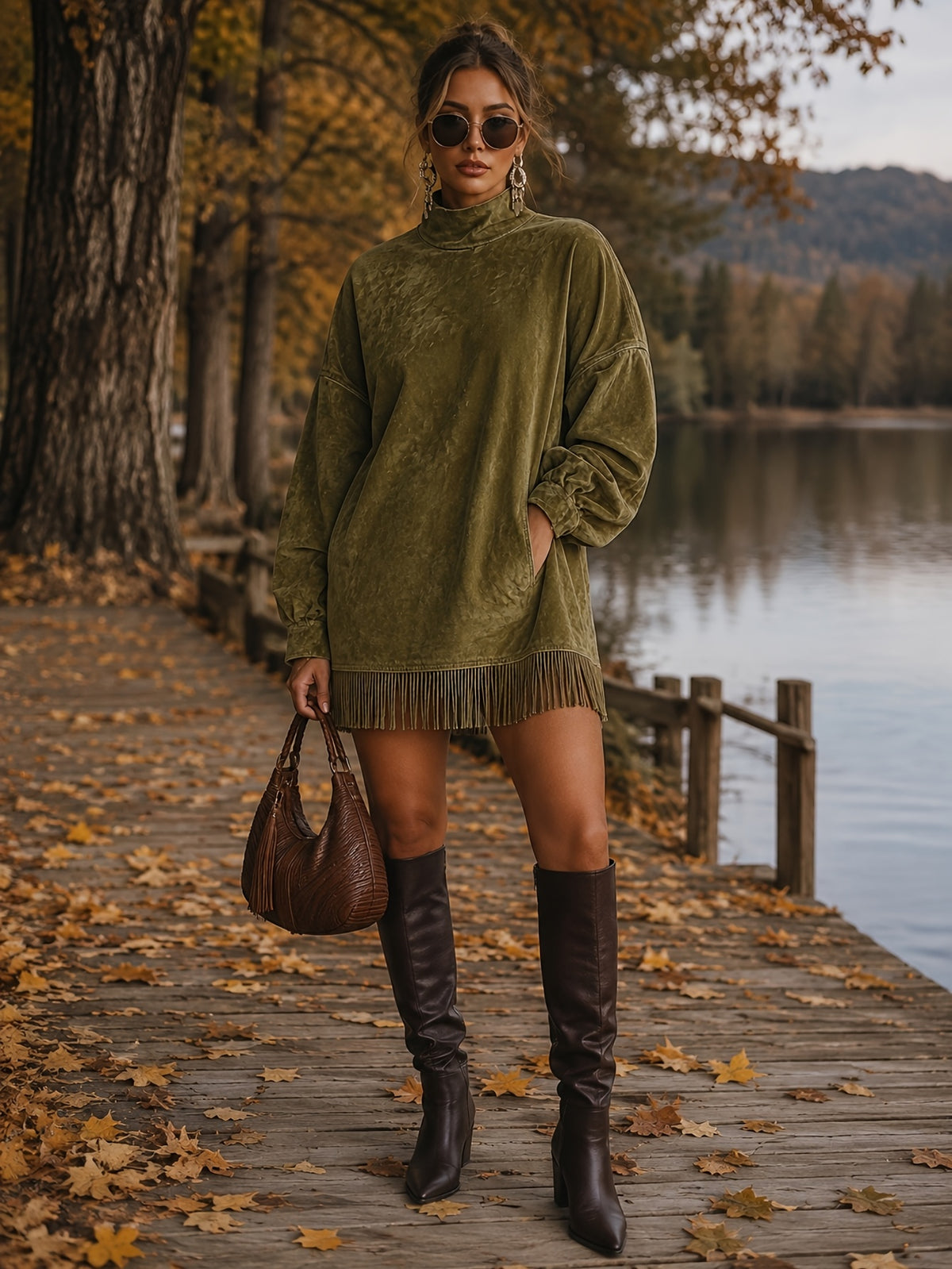 Fringed High Neck Long Sleeve Midi Dress Women | Retro Tassel Pleated Skirt | Loose Casual Dress XS-L