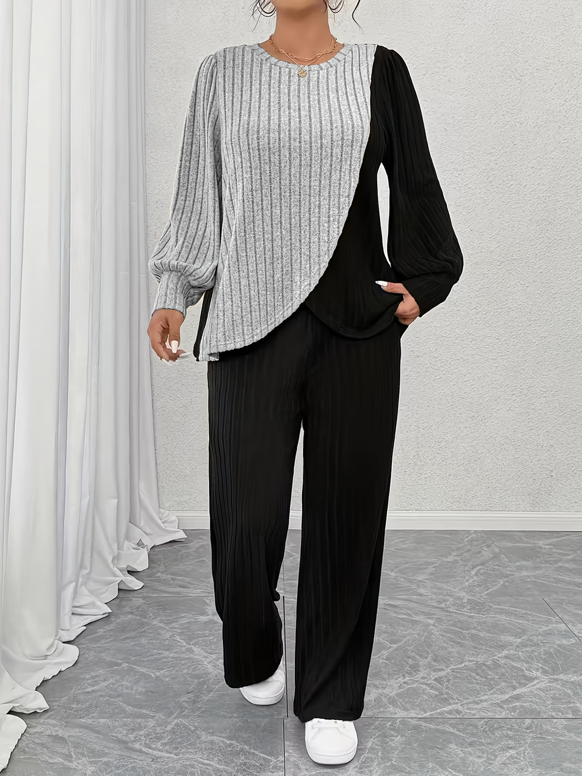 Women 2 Piece Set Colorblock Irregular Hem Top Round Neck Straight Trousers Suit Elegant Matching Outfit Business Casual Work Co-ord Spring Fall