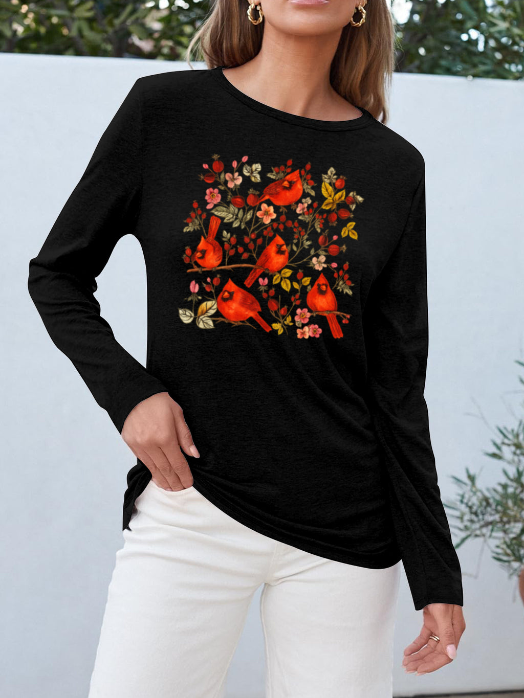 Magpie Floral Print Long Sleeve T-Shirt Women Casual Round Neck Graphic Tee Spring Summer Fall Knit Top