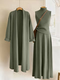 3 Piece Set Women Morandi Green High Collar Sleeveless Top A-Line Midi Skirt Long Cardigan Casual All Season Outfit S-XXL