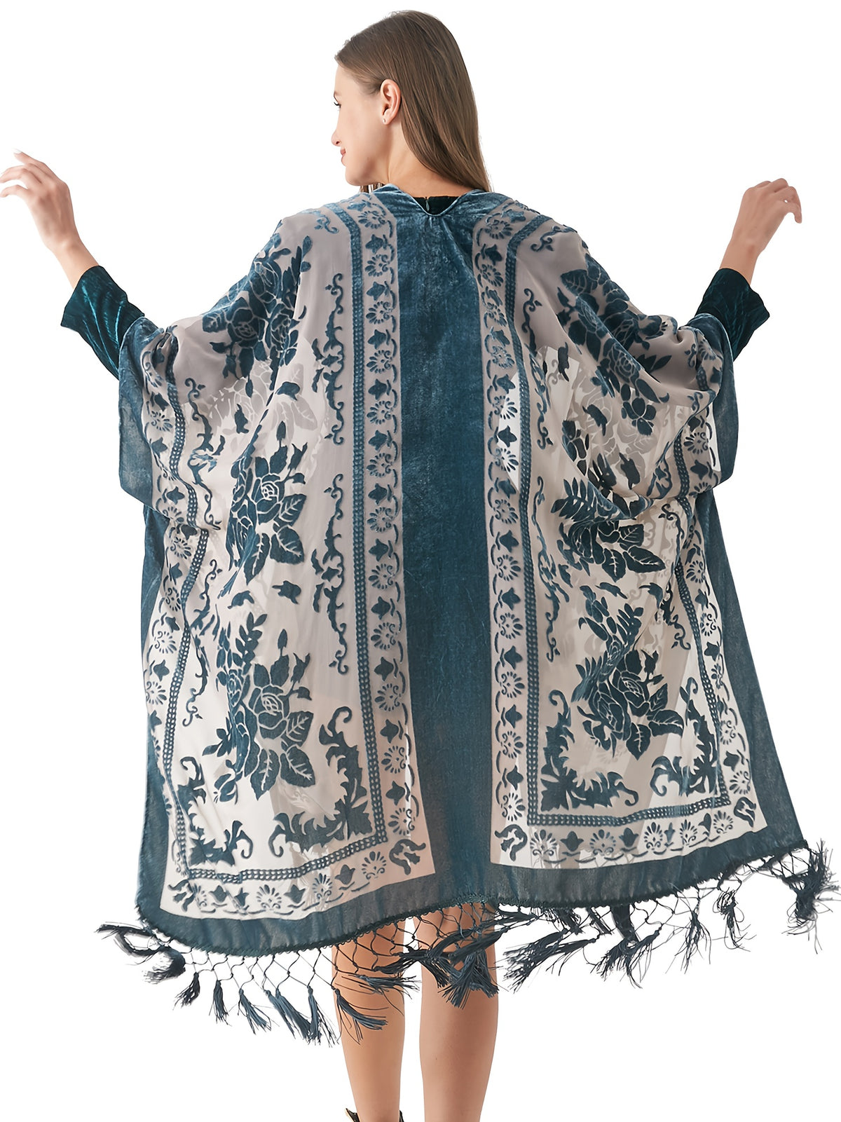 Boho Burnout Velvet Kimono Women Long Cardigan Cover Up Tassel Floral Embroidered One Size