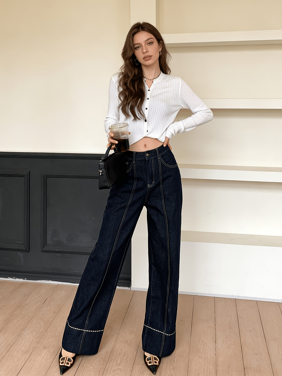 High Waist Straight Leg Jeans Women Dark Blue Retro White Stitch Loose Casual Denim Pants Pockets All Season S-XXL