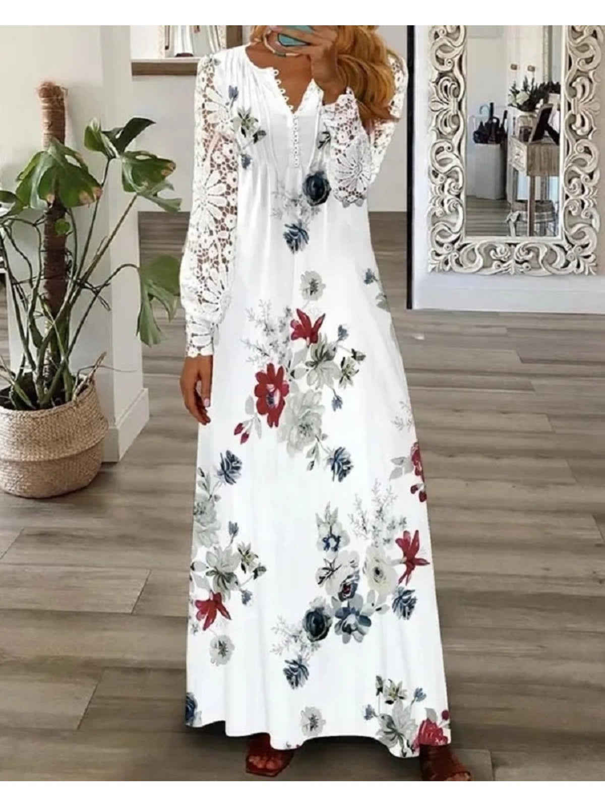 Women's Bohemian White Lace Long Dress V-Neck Long Sleeve High Waist A-Line Flowing Hem Romantic Date Beach Dress