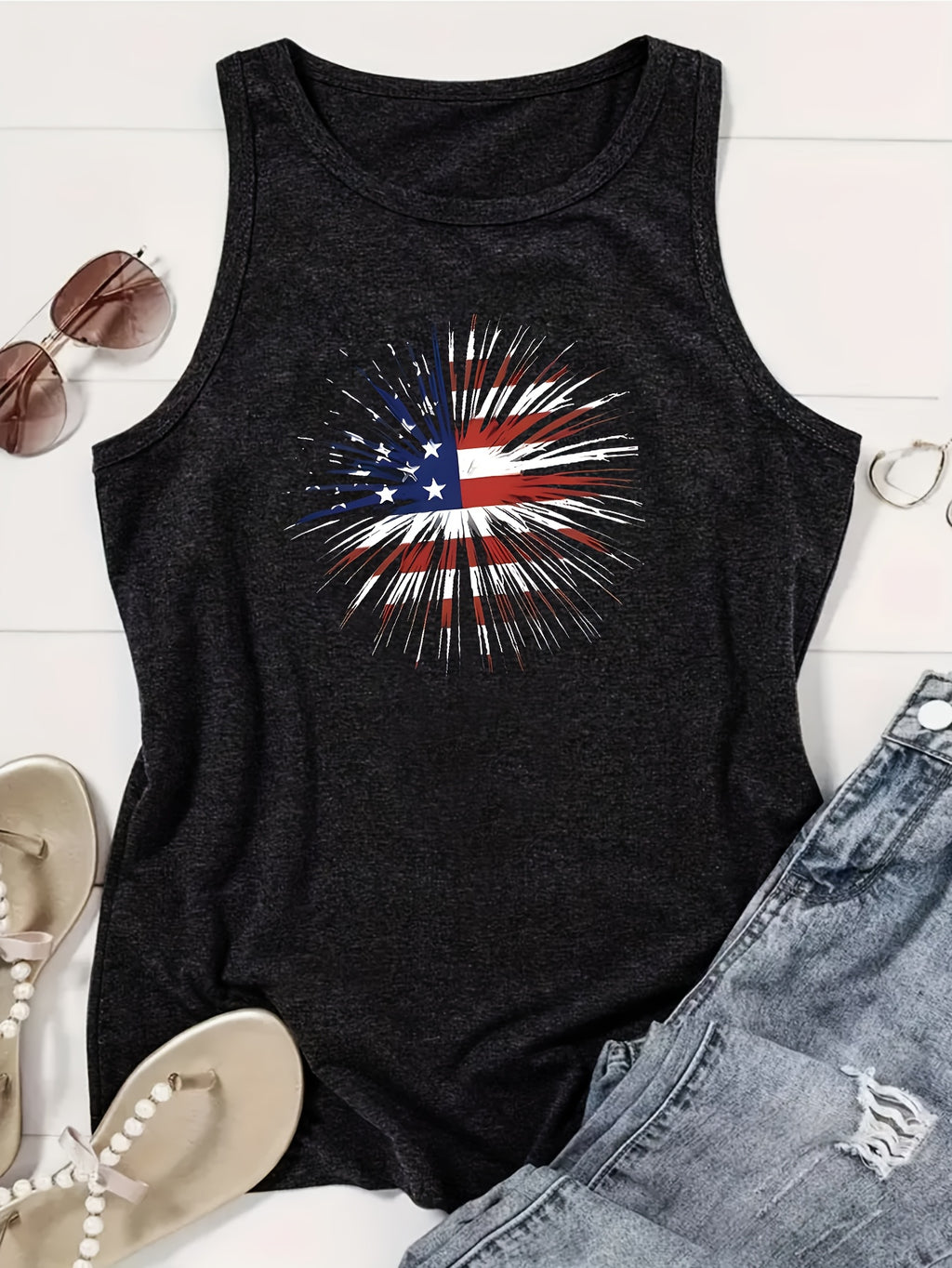 Print Vest Top Women Crew Neck Casual Everyday Sleeveless Tank Shirt Lightweight Summer Streetwear