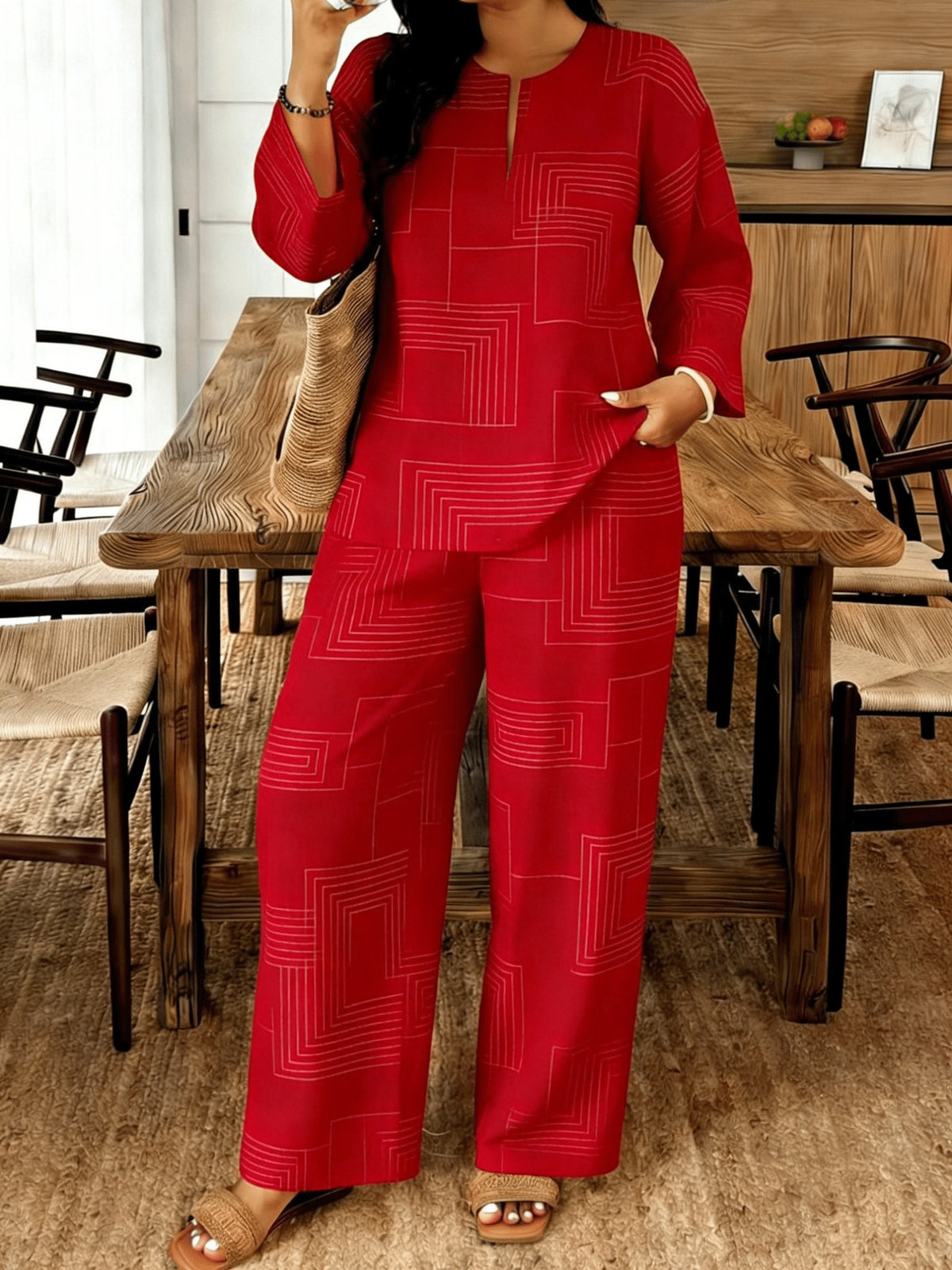 Women's 2-Piece Casual Suit Set V-Neck Loose Fit Top & Casual Pants Daily Wear Matching Outfit