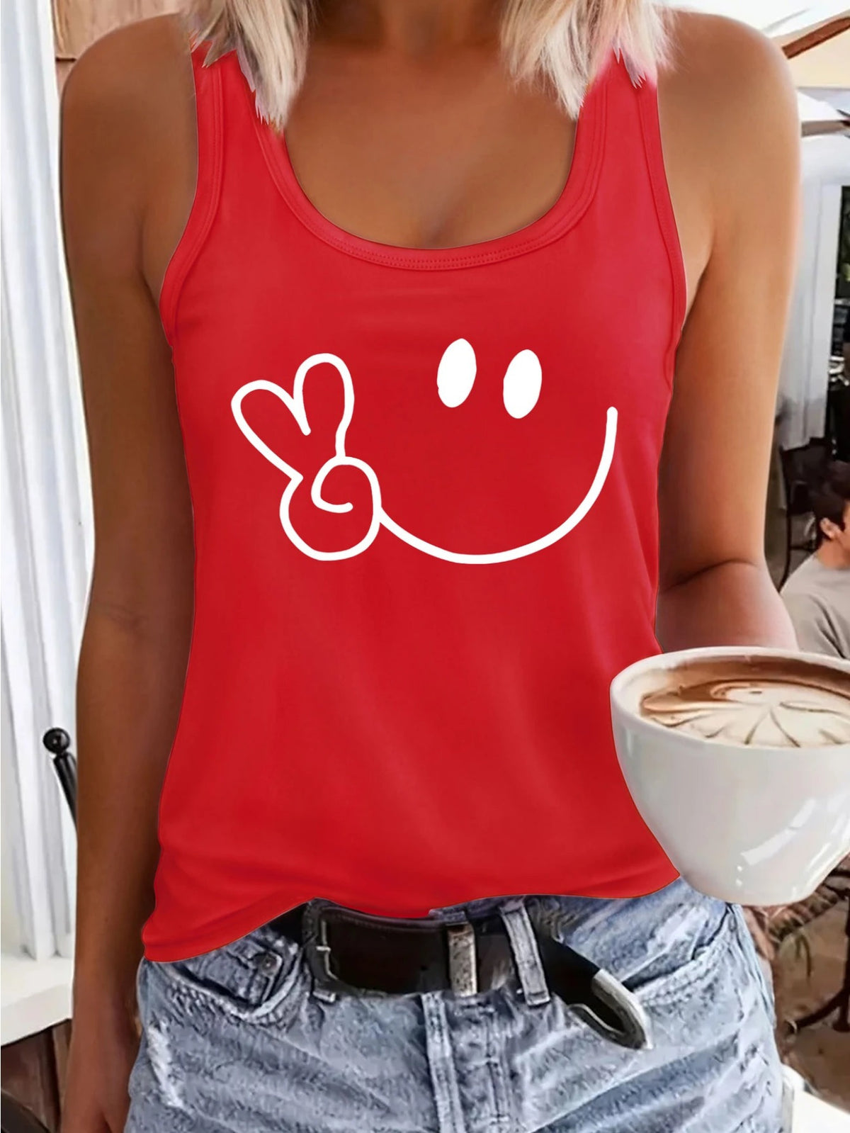Smile Graphic Sleeveless Sports Vest for Women Elastic Athletic Tank Top Casual Outdoor Activewear Loose Fit Summer Leisure Shirt