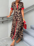 Leopard Print Maxi Shirt Dress Women Contrasting Color Short Sleeve - Lapel Collar Button Design A-Line Long Dress, Summer Vacation Beach Resort Wear, Stretch Fabric