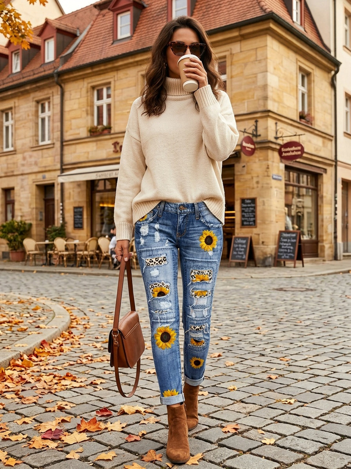Floral Print Denim Jeans Women Slim Fit Stretchy Vibrant Flower Design Elegant Casual Spring Fall Jeans S-XXL