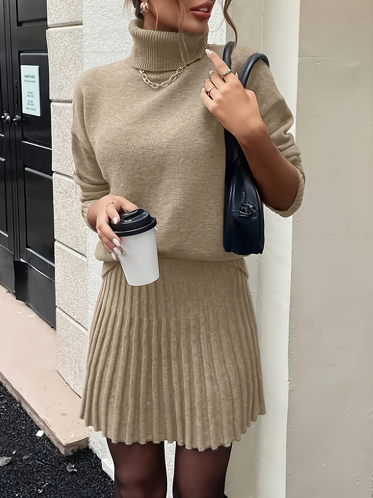 High-Neck Sweater Pleated Skirt Two-Piece Set Women Elegant Drop Shoulder Long Sleeve | Chic Knit Top + Pleated Skirt Co-Ord for Fall Winter Office & Daily Wear