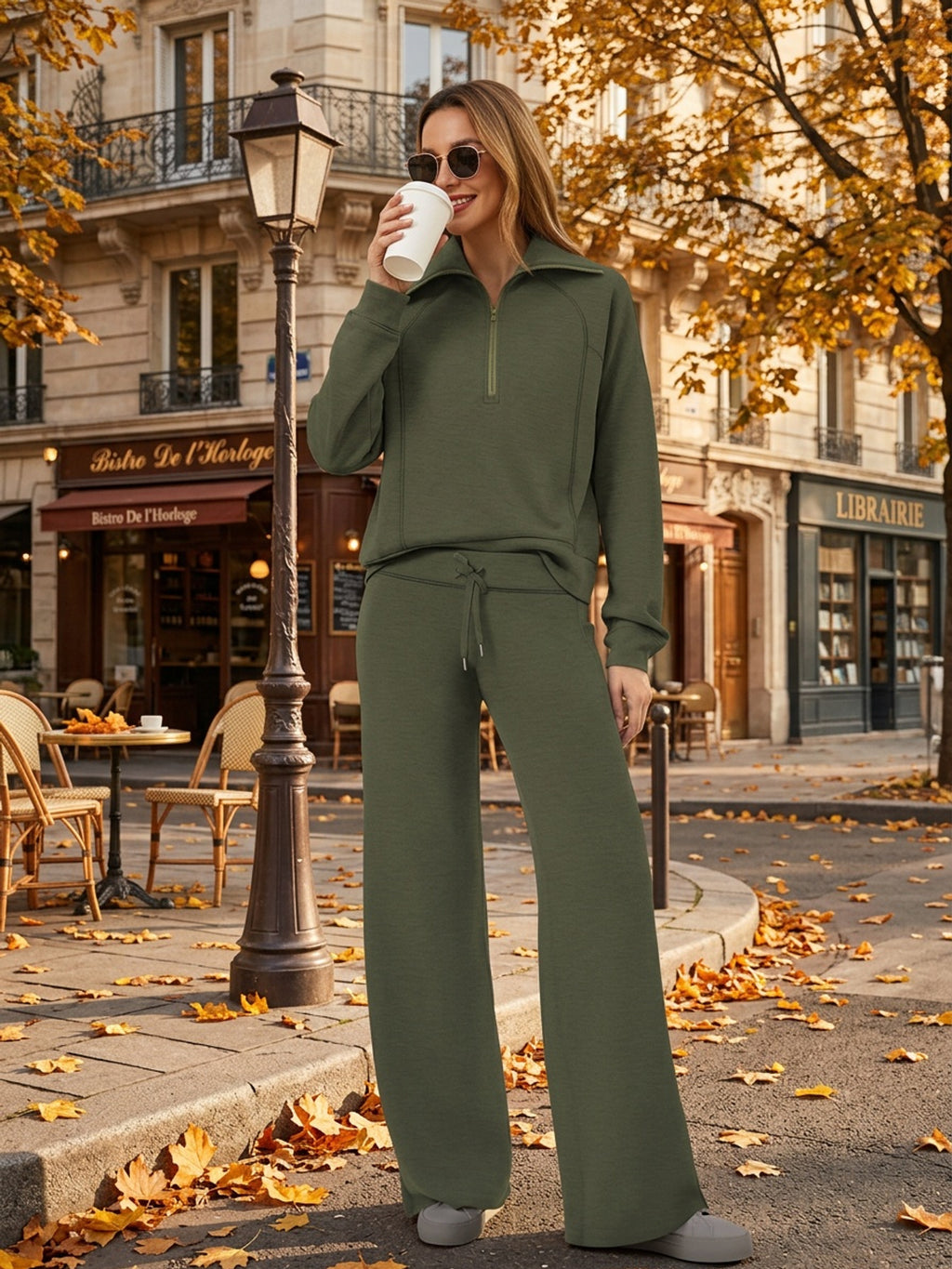 Zipper Sweatshirt Wide-Leg Pants 2 Piece Set Women Casual Tracksuit Outfit for Spring Fall - Loose Fit Jogger Co-ord Set