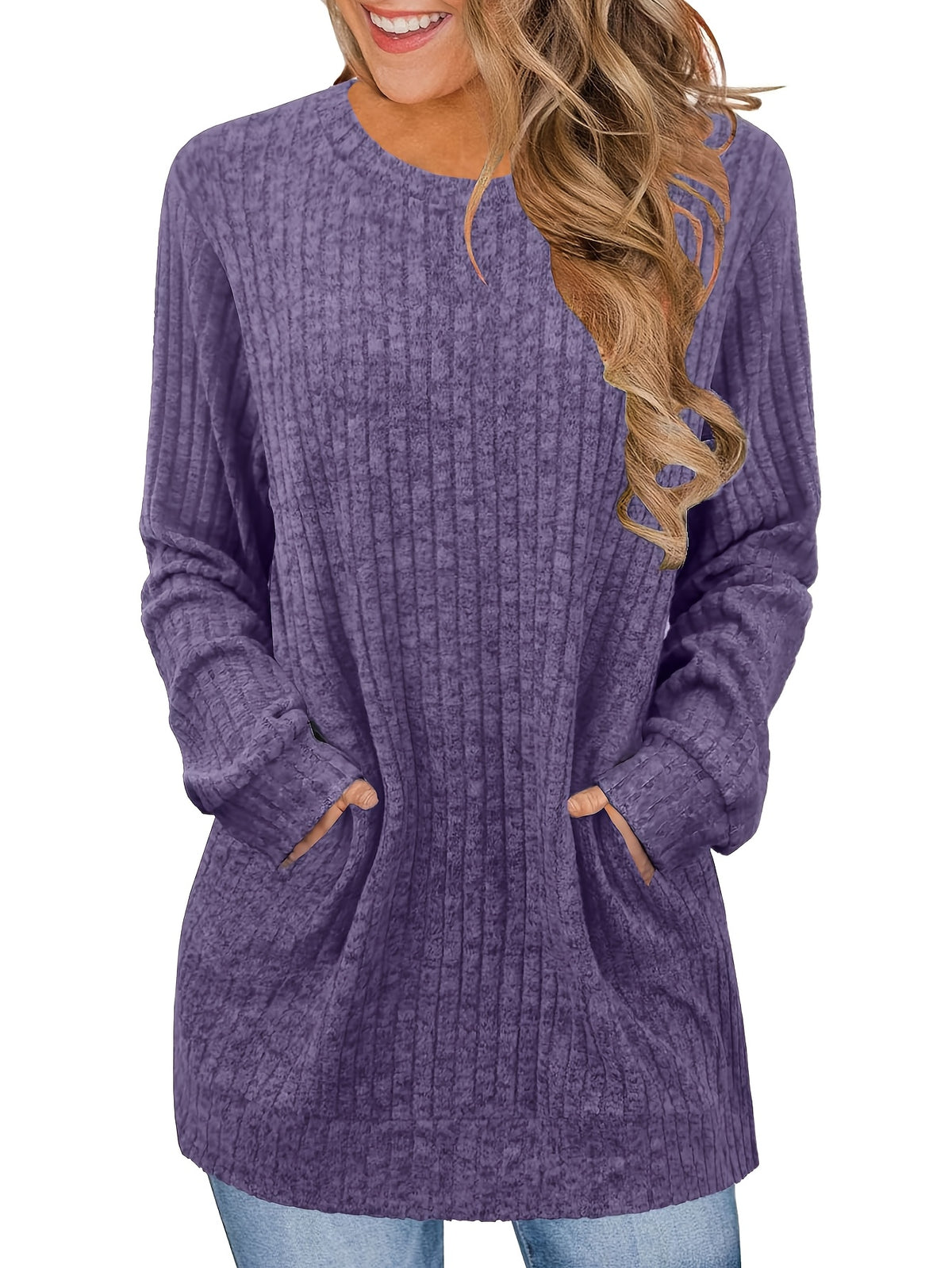 Oversized Sweater Dress Women Beige Long Sleeve Round Neck Tunic Pockets Cozy Casual All Season Machine Washable S-XXL