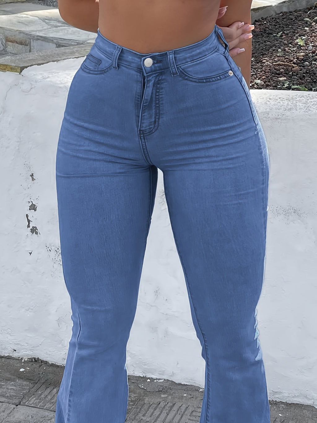 High Waist Stretch Flare Jeans Women Wide Leg Pants with Pockets – Solid Color Street Style, All-Season Comfortable Denim, Machine Washable