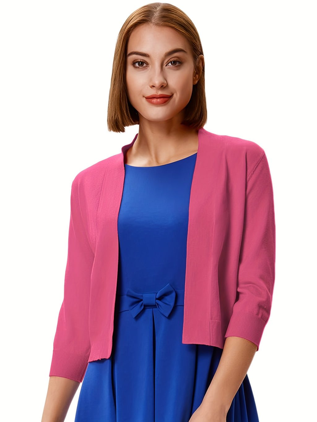 Cropped Open Front Cardigan Women 3/4 Sleeve Knit Shrug Ribbed Hem Draped Neckline Lightweight Stretchy Layering Top 9 Colors Spring Summer Fall S-XXL