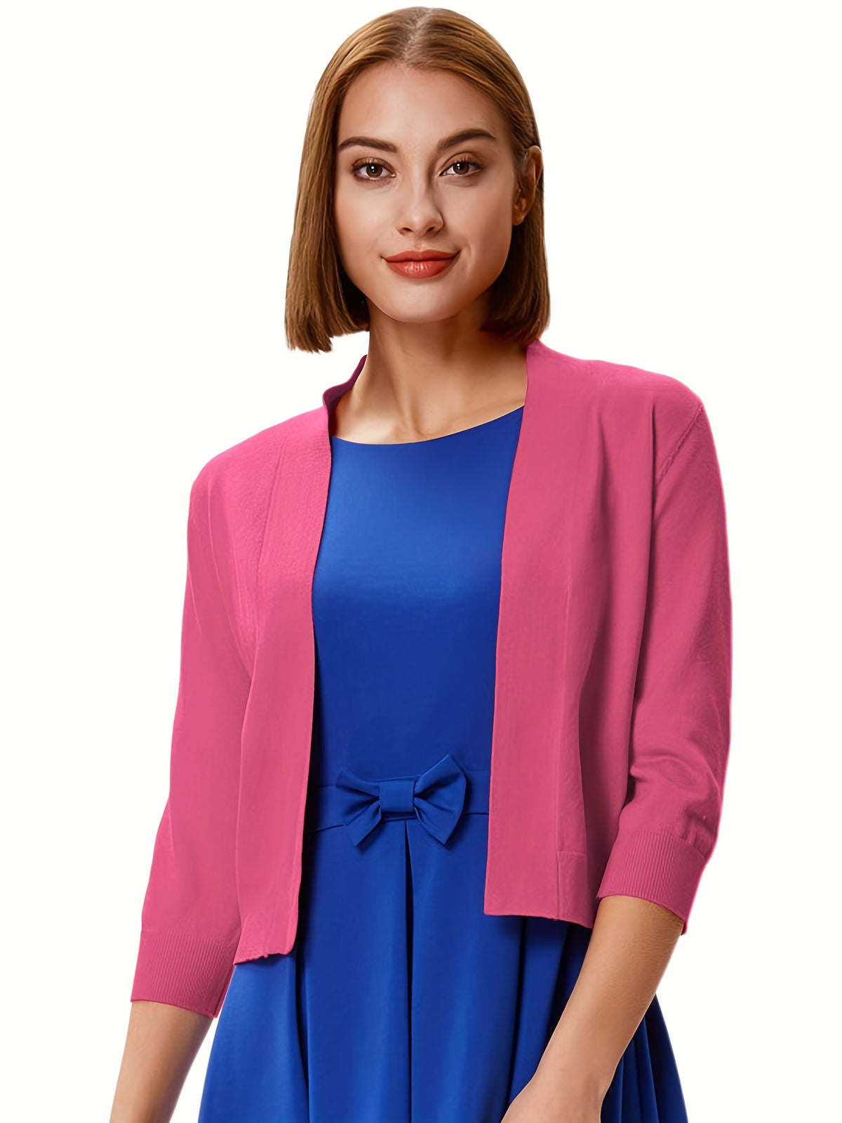 Cropped Open Front Cardigan Women 3/4 Sleeve Knit Shrug Ribbed Hem Draped Neckline Lightweight Stretchy Layering Top 9 Colors Spring Summer Fall S-XXL