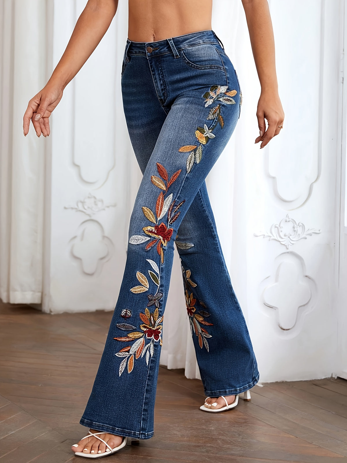 Women's Flared Denim Jeans Flower Embroidery Elastic Waist Washed Bootcut Casual All Season S-XXL