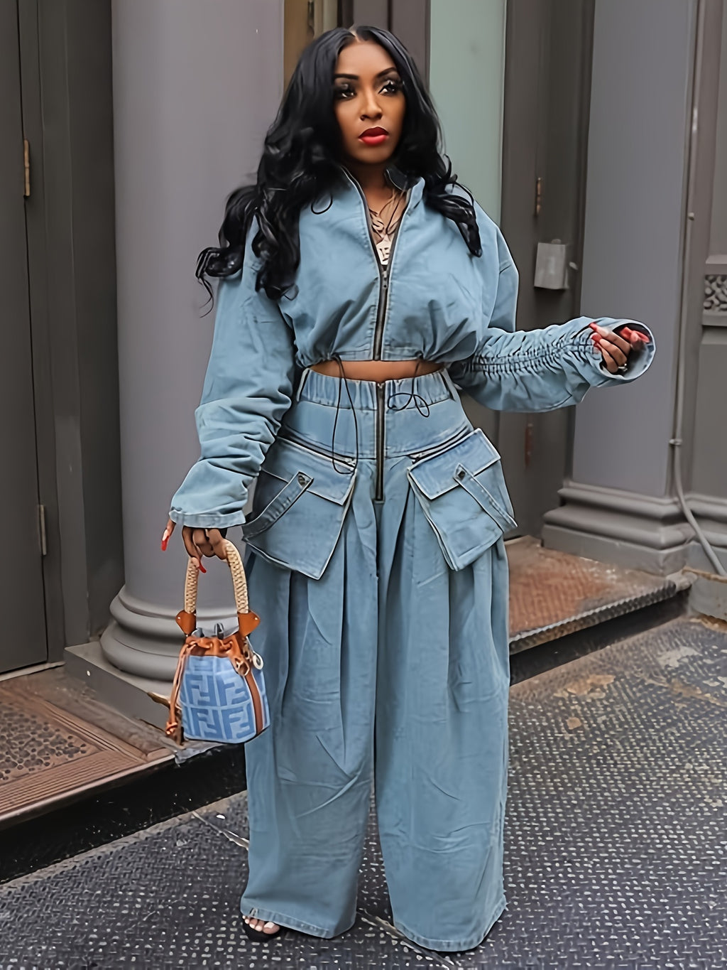 Denim 2-Piece Set Women Ruched Zip-Up Cropped Jean Jacket Wide Leg Pants Chic Matching Outfit Black Sky Blue S-XXL