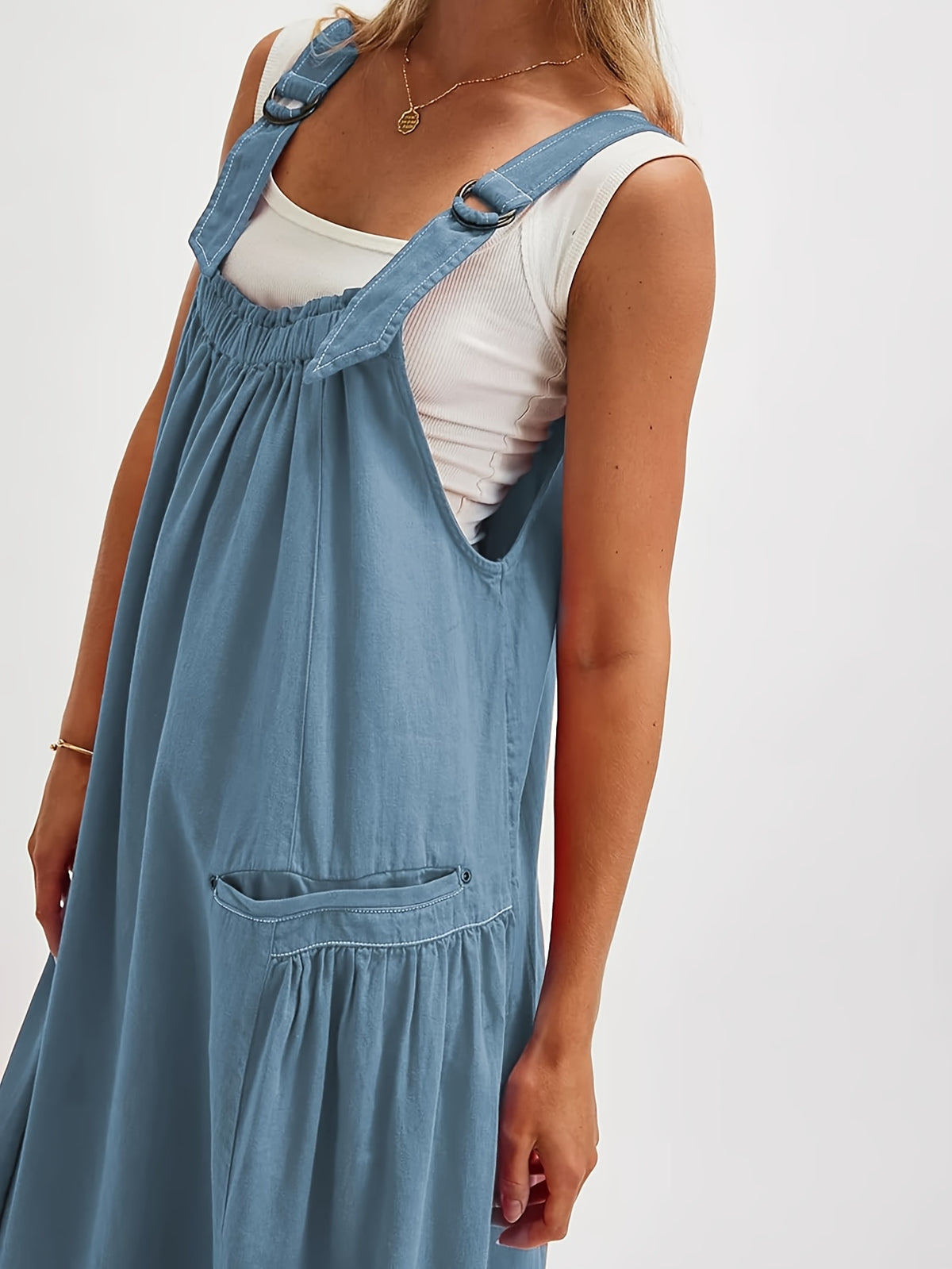 Overall Dress Women Loose Adjustable Strap Midi Length Big Pockets Workwear Casual Bib Jumper Dress Spring Summer S M L XL XXL