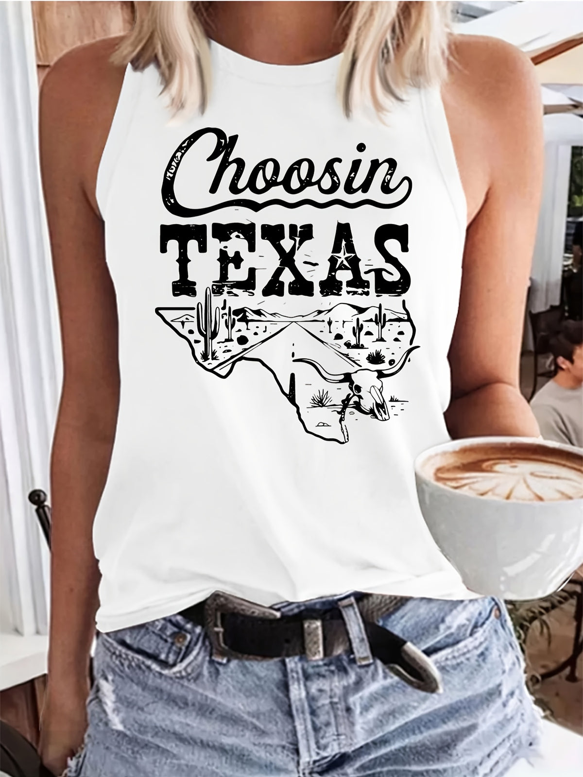 Texas Outline Print Sleeveless Tank Top for Women - Loose Casual Breathable Round Neck T-Shirt Vest, Lightweight Machine Washable Summer Top for Outdoor & Everyday Wear