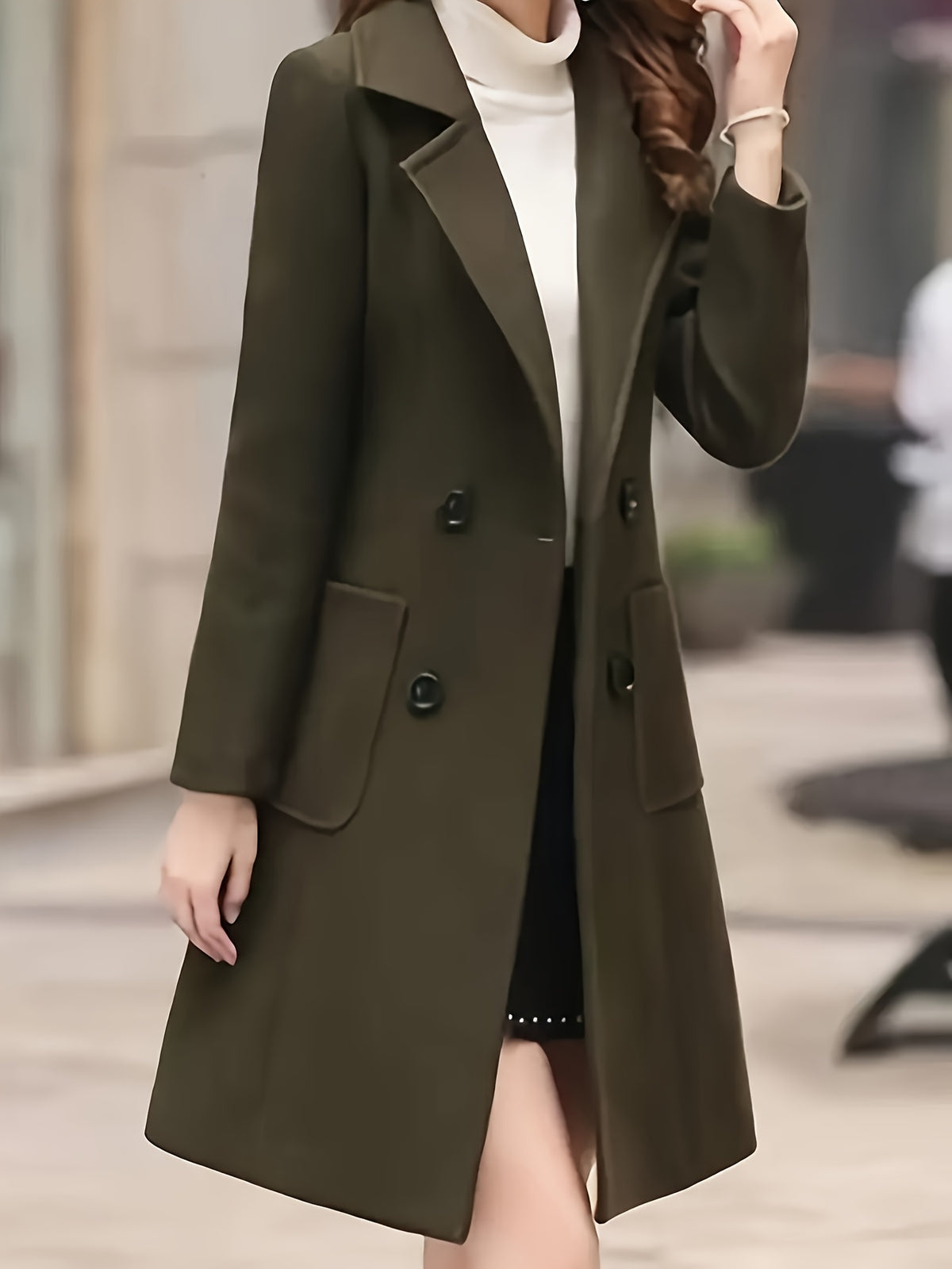 Double Breasted Open Jacket Women Solid Color Lapel Long Sleeve Elegant Fall Winter Outerwear Classic Button Coat