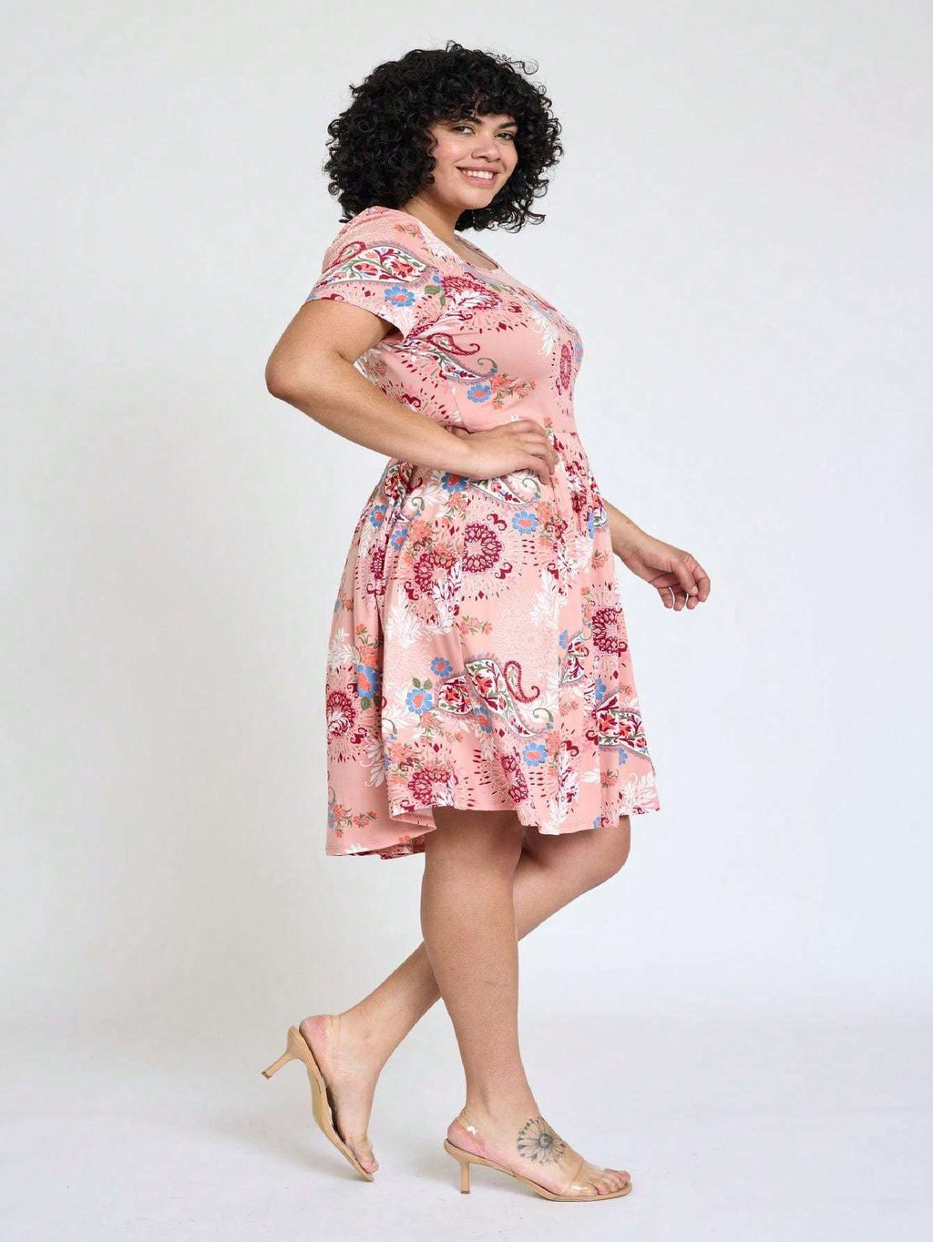 Paisley Floral Swing Dress Women Chevron Stripe Patchwork Pleated Square Neck Elastic Waist Midi Casual Plus Size S-3X