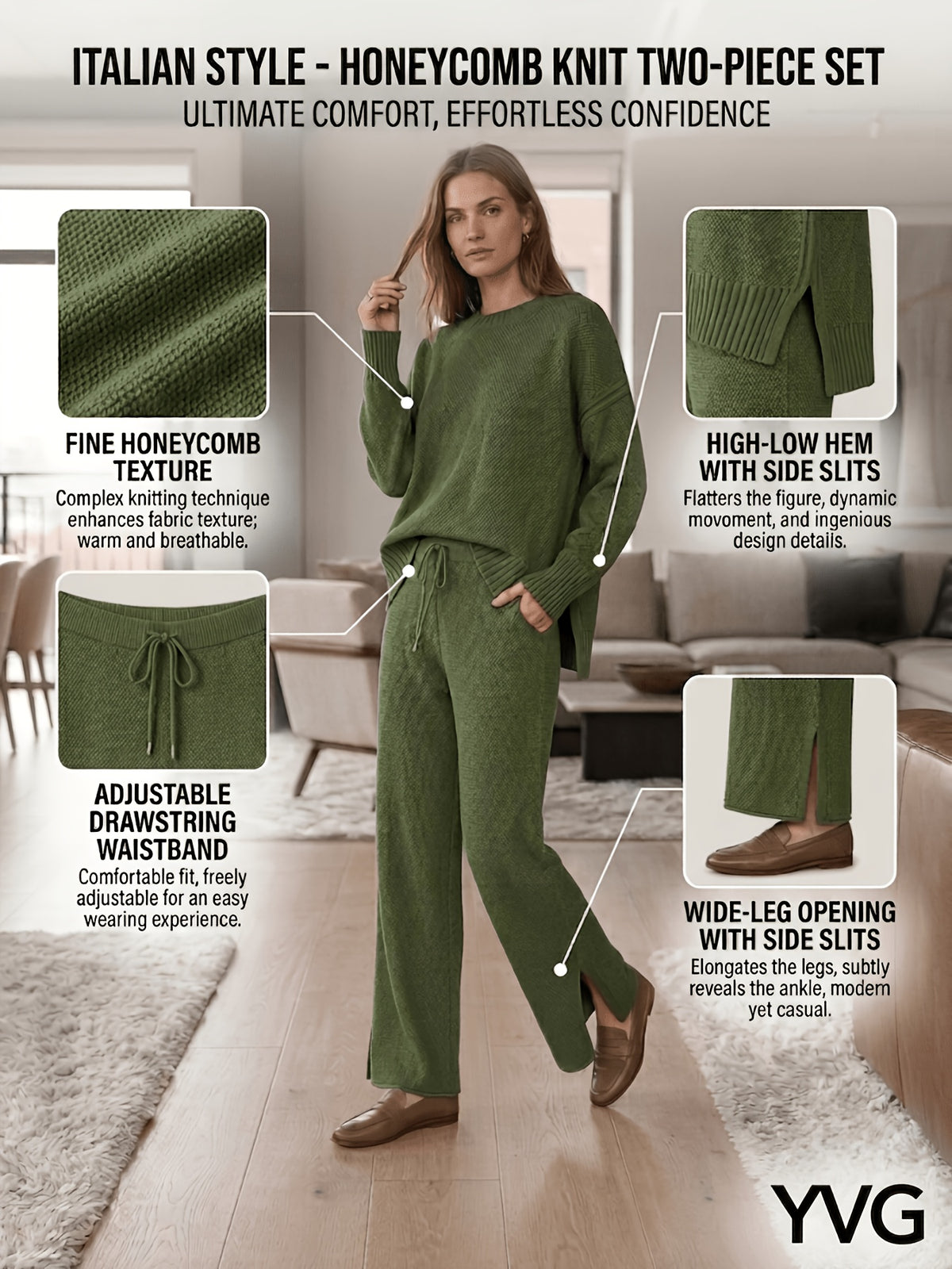 Waffle Texture Two-Piece Set Women Long Sleeve Hoodie High Waist Wide Leg Pants Casual Loose Retro Fall Tracksuit Set S-XXL