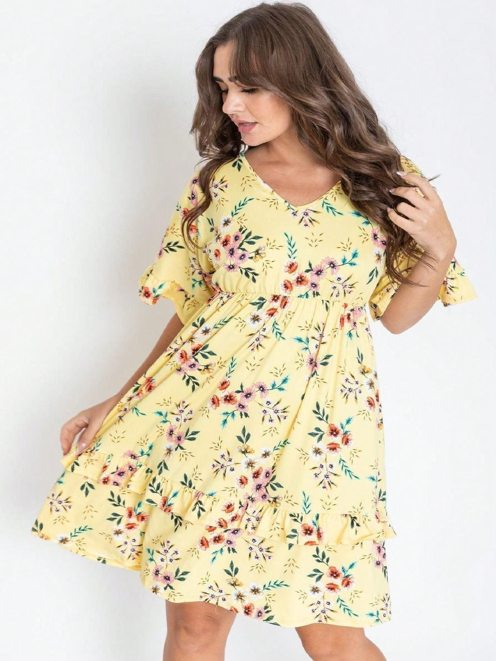 Floral Ruffle Midi Dress for Women – Vintage Boho V-Neck Flutter Sleeve Elastic Waist, Navy Pink Yellow Charcoal, S-3X