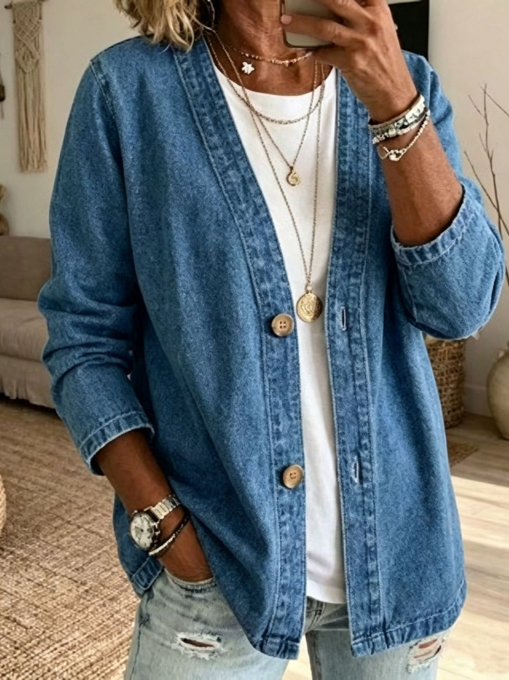 Women's V-Neck Denim Cardigan Jacket Open Front 3/4 Sleeve Loose Fit Button-Up Jean Coat Casual Lightweight Layering Top