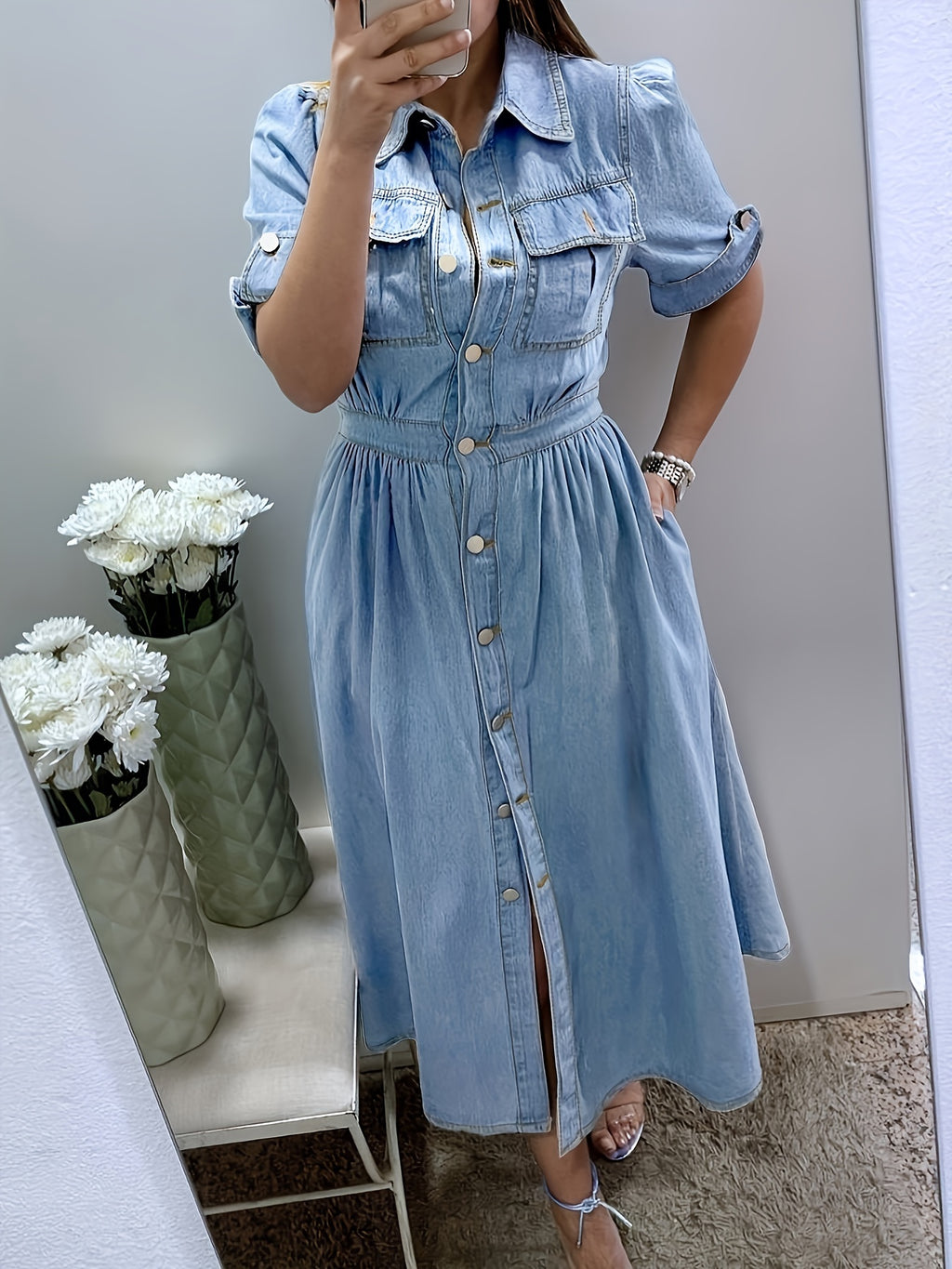 A-Line Denim Shirt Dress Women Collared Short Sleeve Button Front Pocket Jean Dress Casual Solid Color Spring Summer Everyday Wear