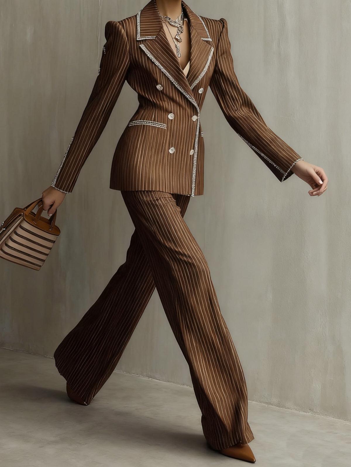 Brown Striped Rhinestone Embellished Suit Set Women Glamorous Party Formal Social Occasion Mixed Colors S-XXL