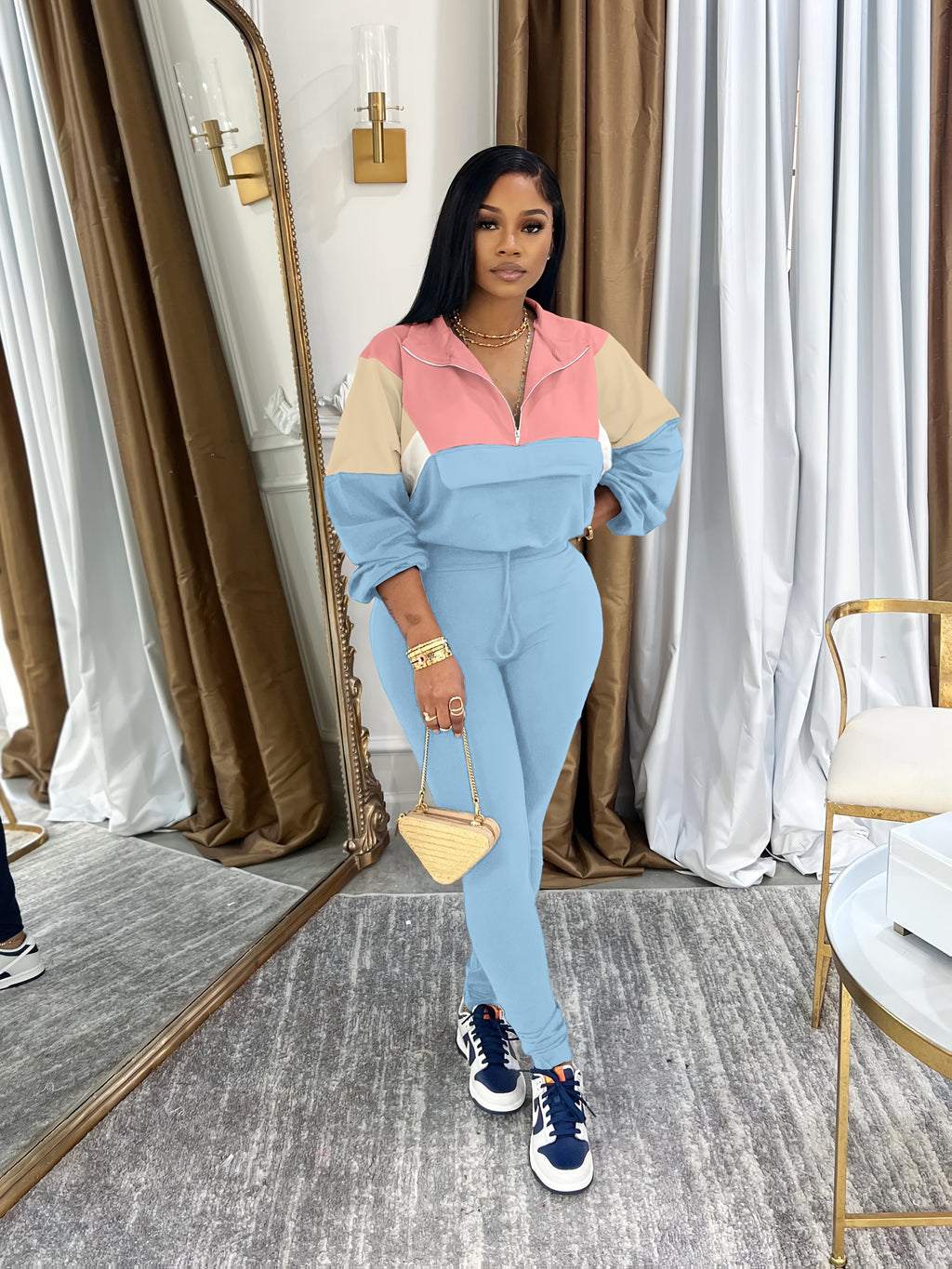 Lapel Crew Neck Sweatsuit Set for Women – Half-Zip Long Sleeve Sweatshirt & Sweatpants 2-Piece Casual Outfit, Solid Color Fall Winter Loungewear