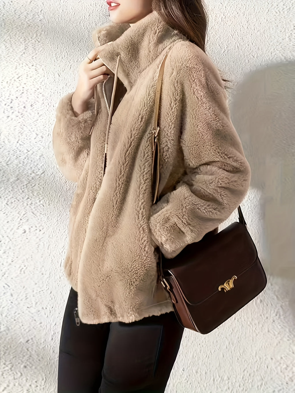 Plush Hooded Zip-Up Jacket for Women Solid Color Fuzzy Sherpa Coat Warm Winter Casual Daily