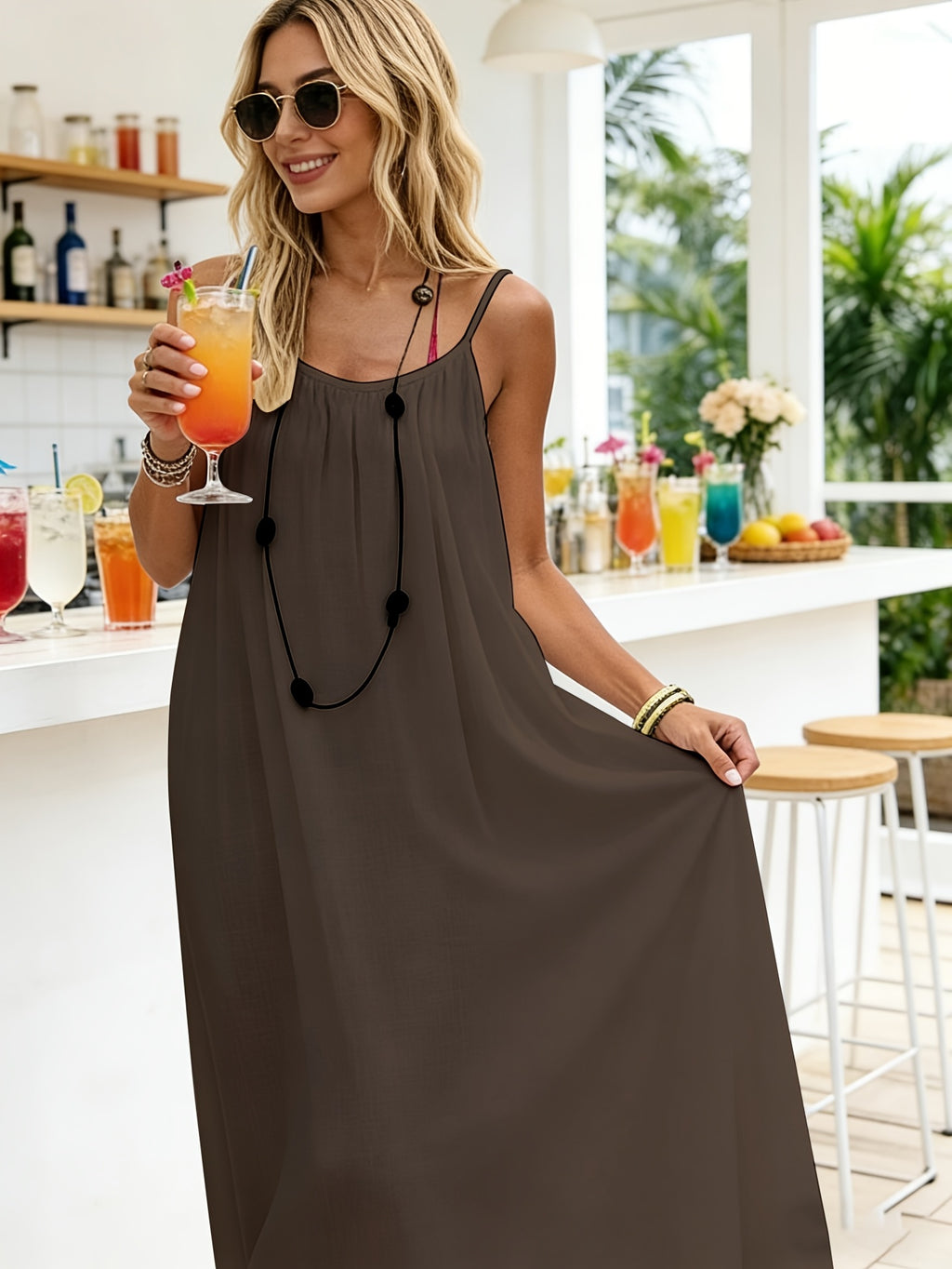 Maxi Slip Dress for Women Solid Color Open Back Tie Loose Casual Lightweight Sleeveless Long Dress Everyday