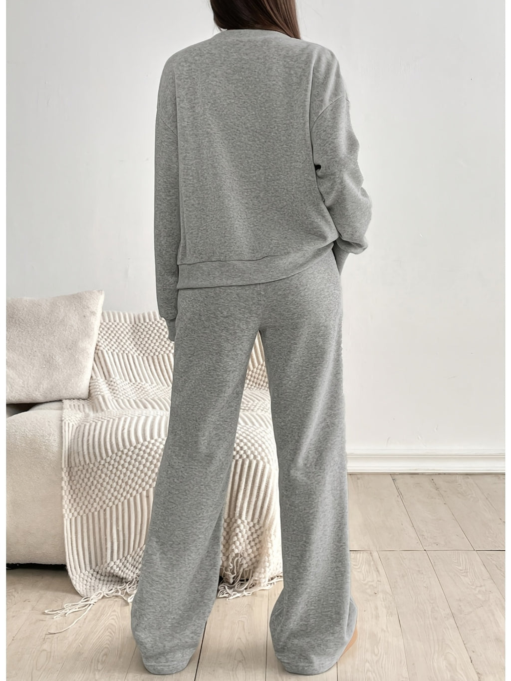 Women's 2-Piece Cardigan Jacket Wide-Leg Sweatpants Set Light Gray Button-Up Casual Loungewear Minimalist Autumn Winter Relaxed Outfit S-XXL