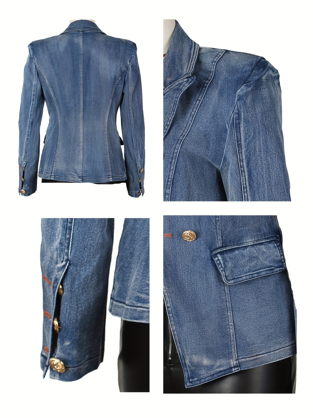 Denim Blazer Women Business Casual Lapel Double Breasted Long Sleeve Jean Jacket Structured Coat for Work Office Everyday Wear