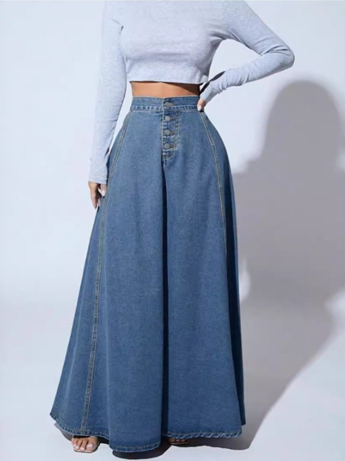 Women Single Breasted Denim Midi Skirt Vintage Flared A-Line Lace Patchwork Flowy Dark Blue XS-XXL Spring Summer Fall
