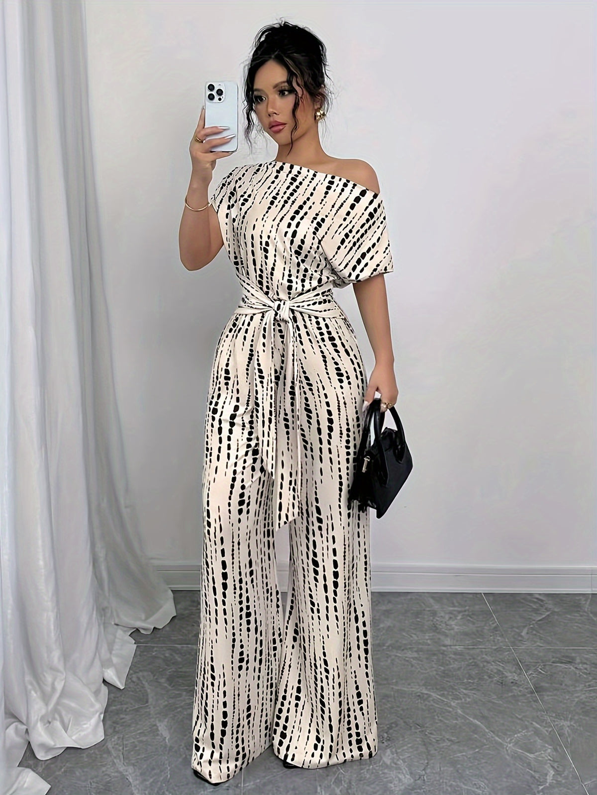 Off Shoulder Flared Jumpsuit Women High Waist Tie Print Lace Up Elegant Wide Leg Pants Apricot S-XXL