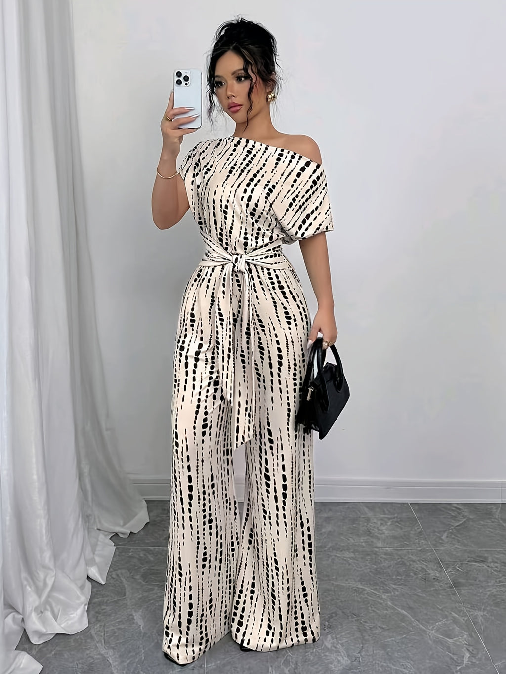 Off Shoulder Flared Jumpsuit Women High Waist Tie Print Lace Up Elegant Wide Leg Pants Apricot S-XXL
