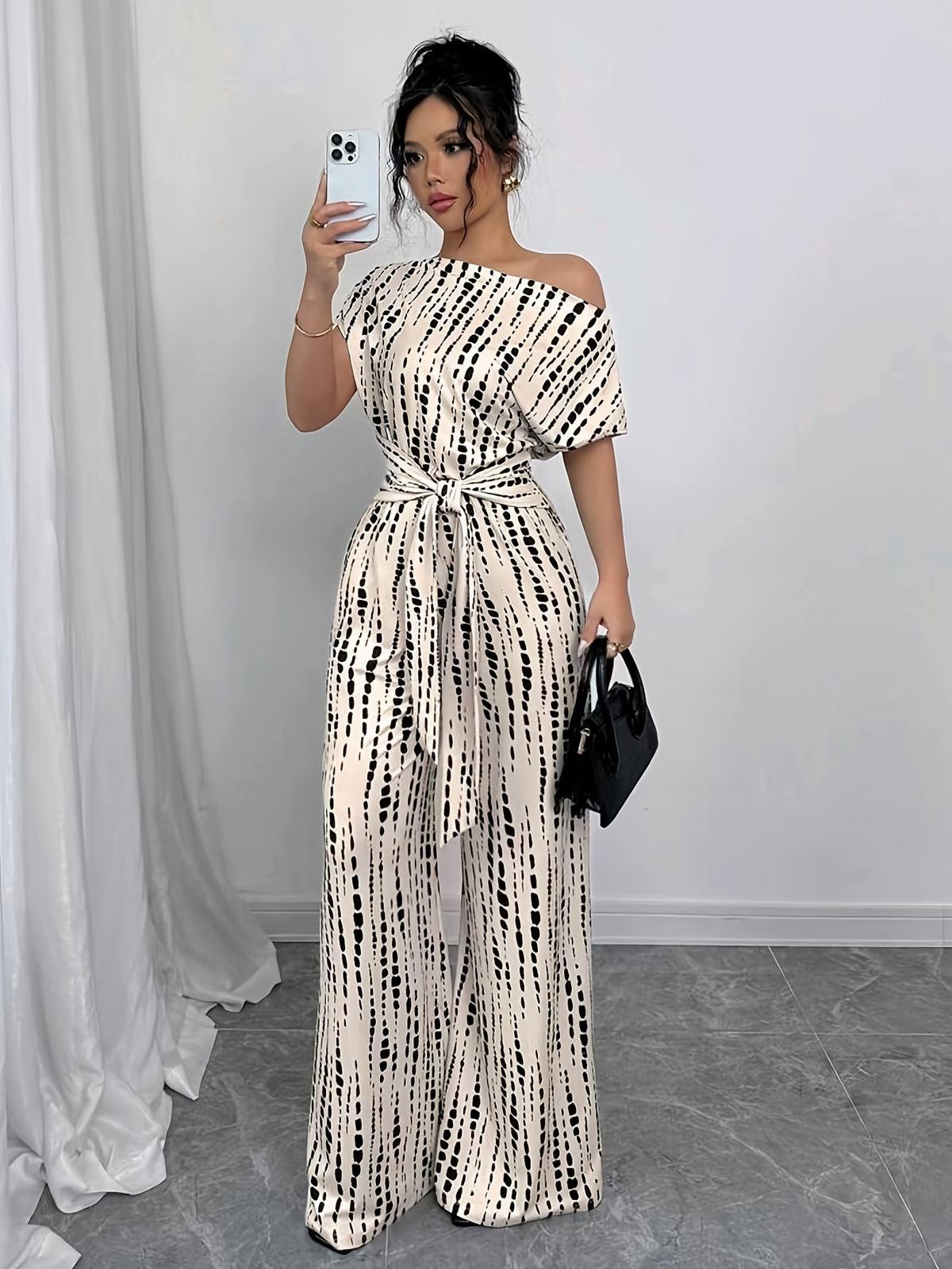 Off Shoulder Flared Jumpsuit Women High Waist Tie Print Lace Up Elegant Wide Leg Pants Apricot S-XXL