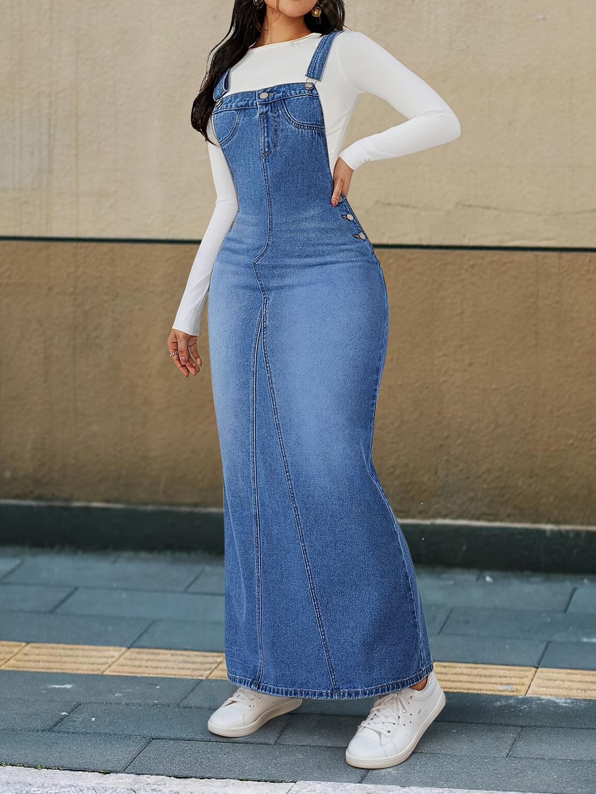 Women's Denim Maxi Dress Loose Fit Detachable Strap Button Closure Casual Chic Long Dress Spring Summer Fall