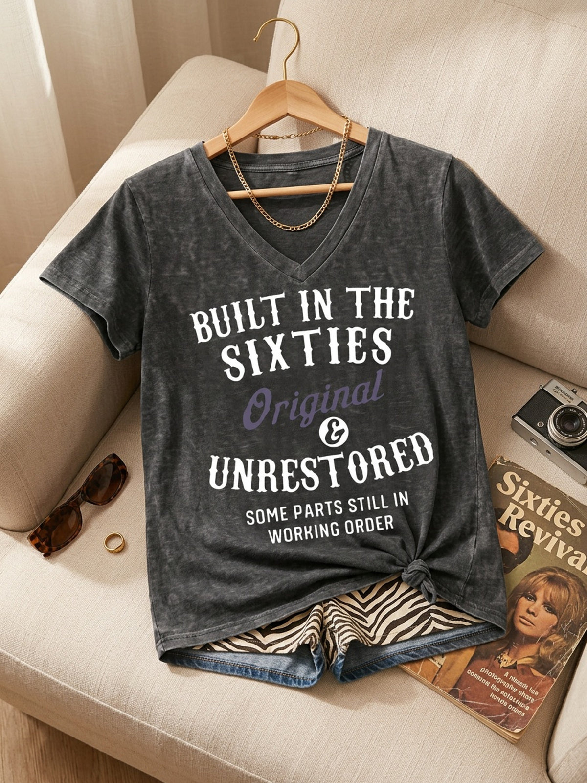 Vintage 60s Built in the Sixties Women T-Shirt Retro Heart Print V-Neck Casual Graphic Tee Soft Stretch Gift Birthday Christmas