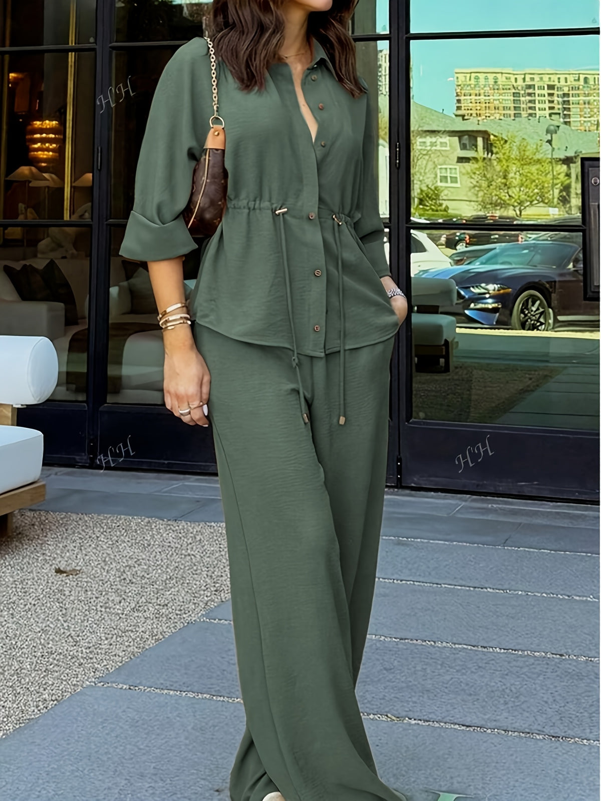 Khaki Shirt-Style Top & Wide-Leg Pants 2-Piece Set for Women – Drawstring Adjustable Waist Casual Outfit for Outings, Daily Commute & Light Social Occasions